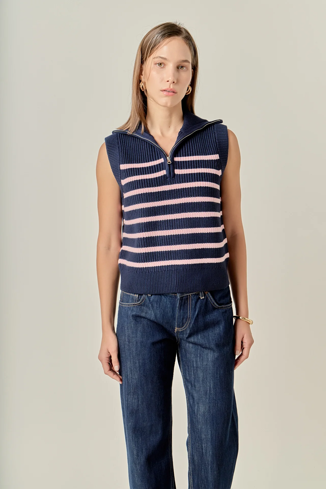 Stripe Half Zip Up Sleeveless Knit Top - Image 5
