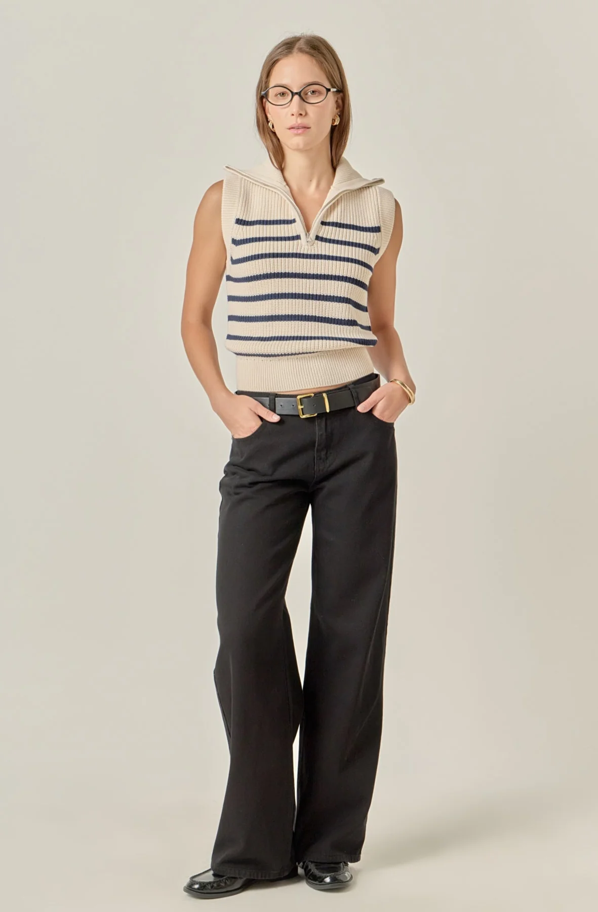 Stripe Half Zip Up Sleeveless Knit Top - Image 6