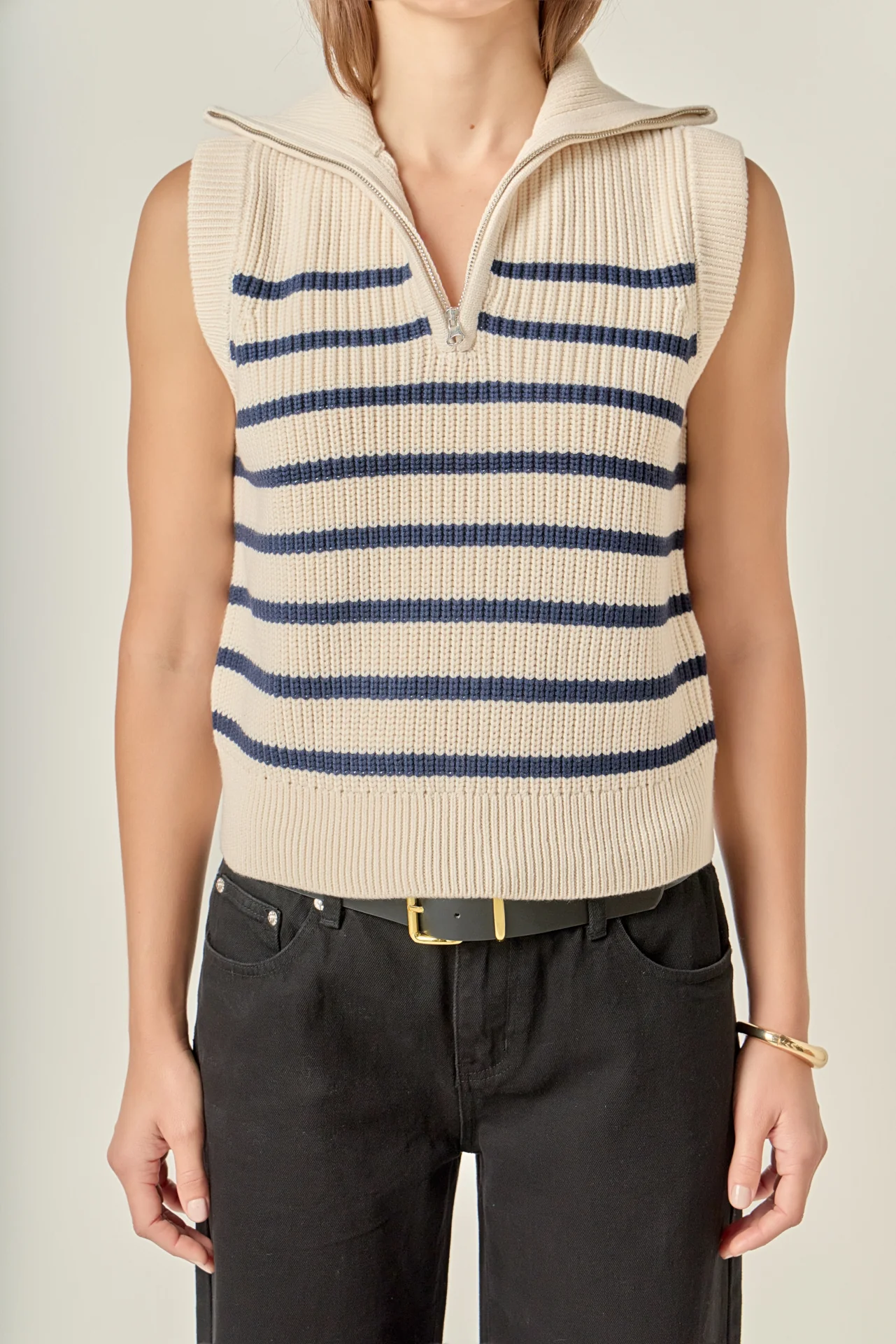 Stripe Half Zip Up Sleeveless Knit Top - Image 7