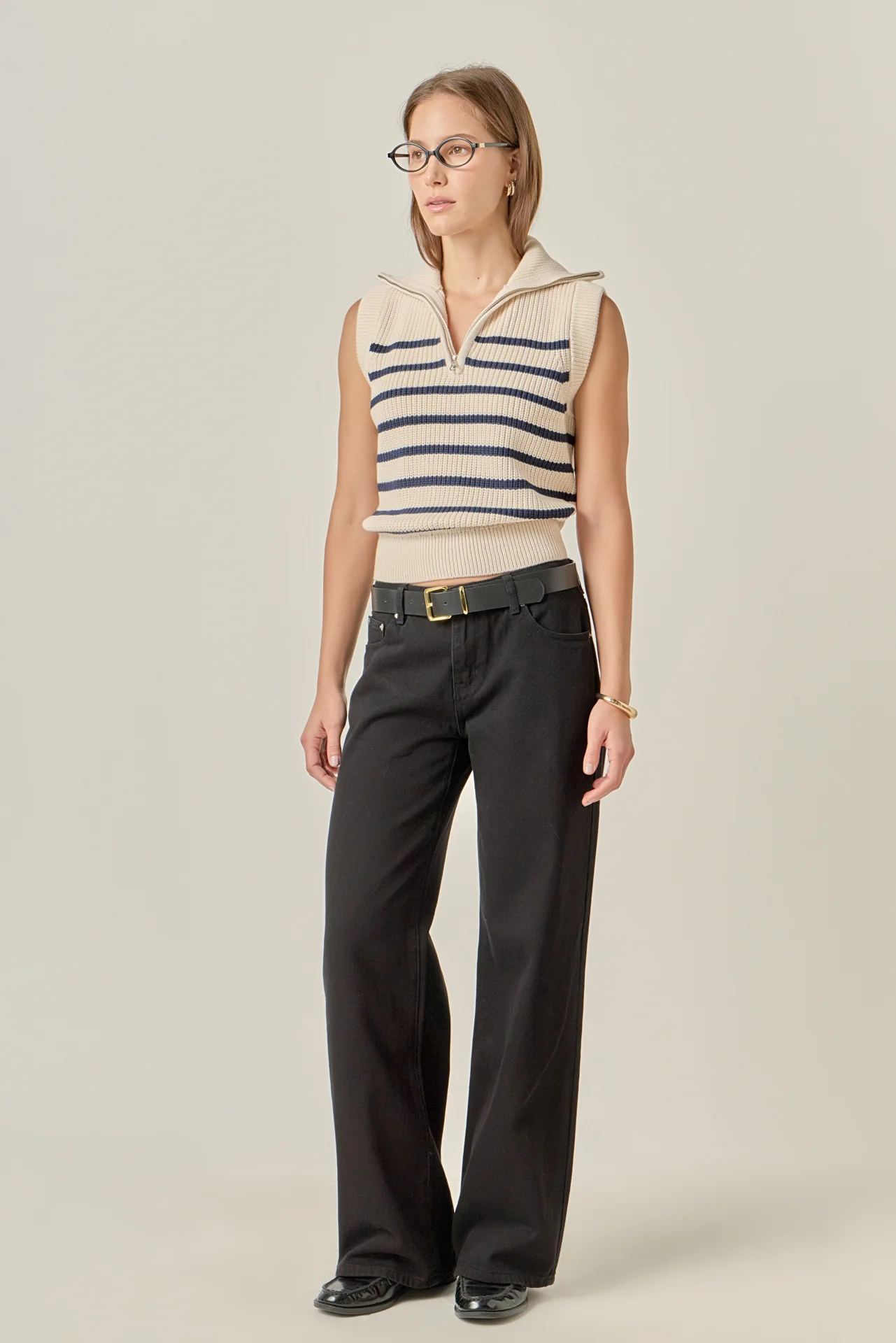 Stripe Half Zip Up Sleeveless Knit Top - Image 9