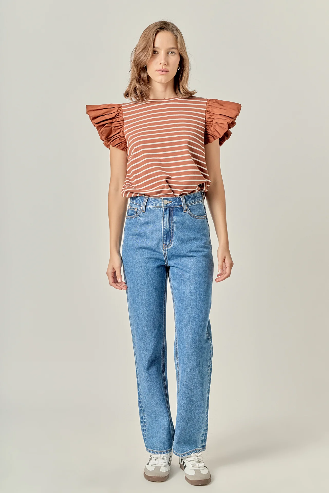 Stripe Knit with Poplin Puff Sleeve Top