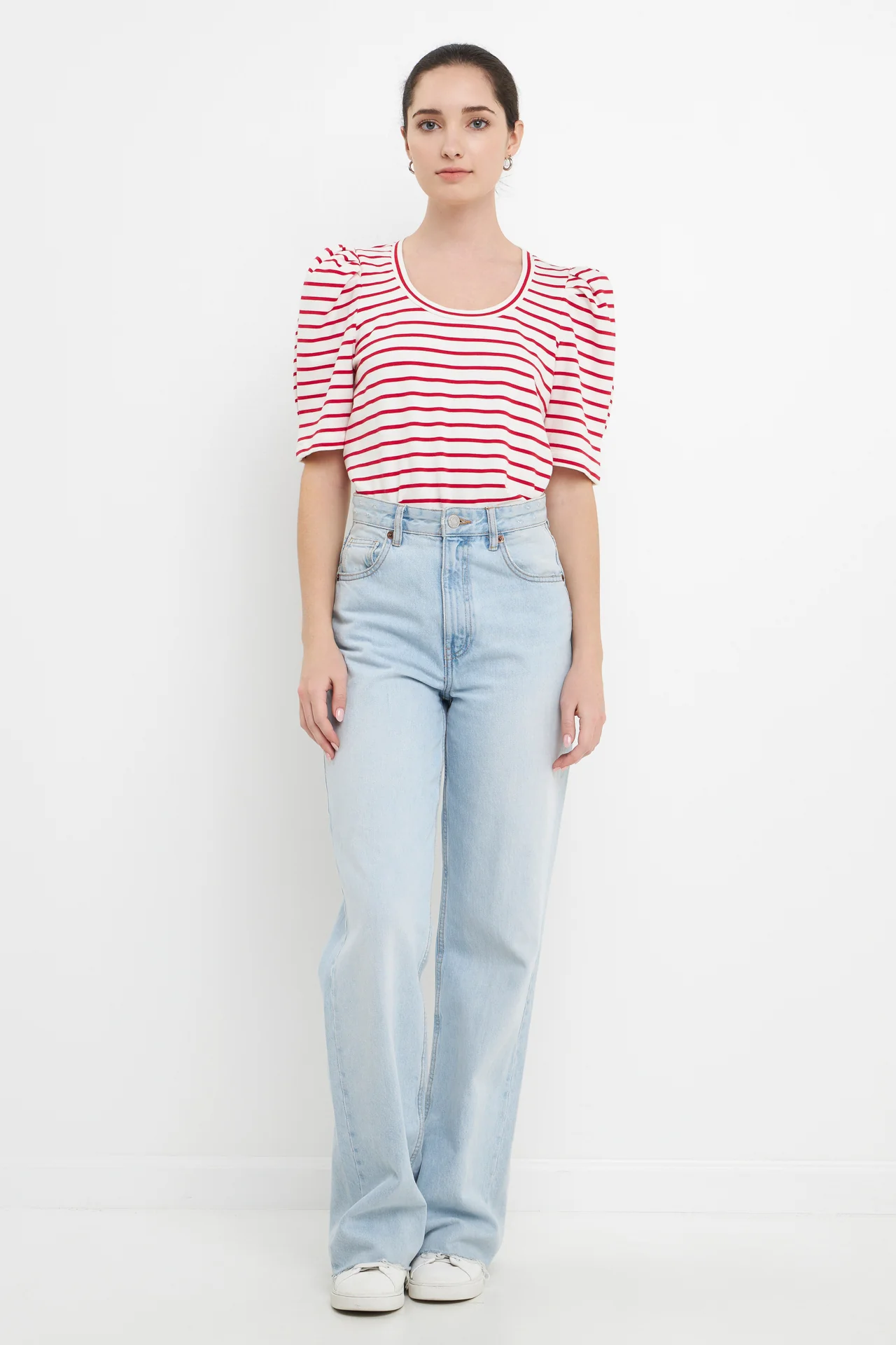 Stripe Pleated Puff Sleeve Top