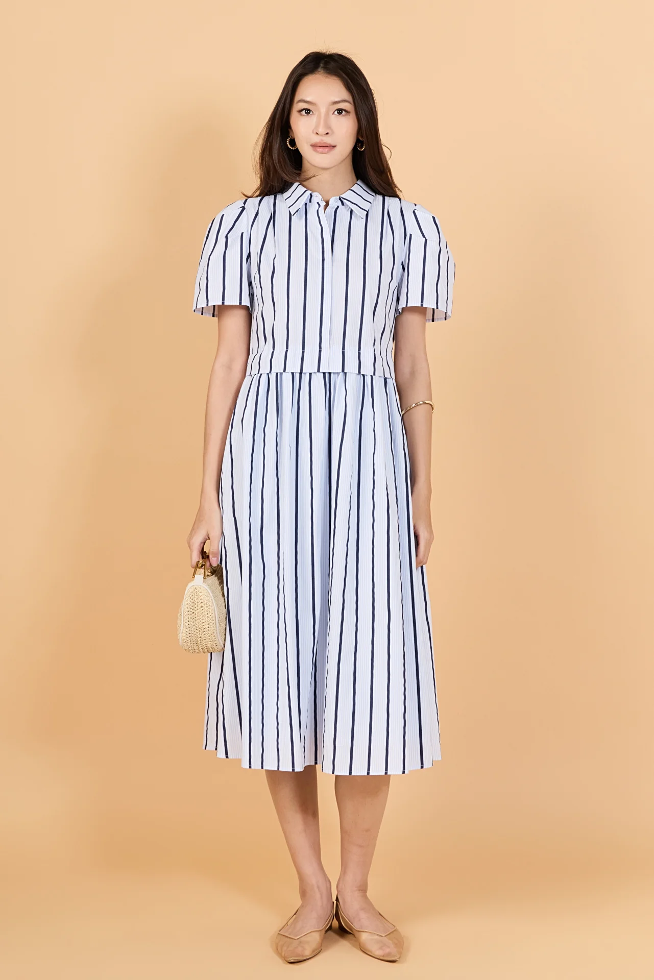 Striped Pleated Shoulder Shirt Midi Dress