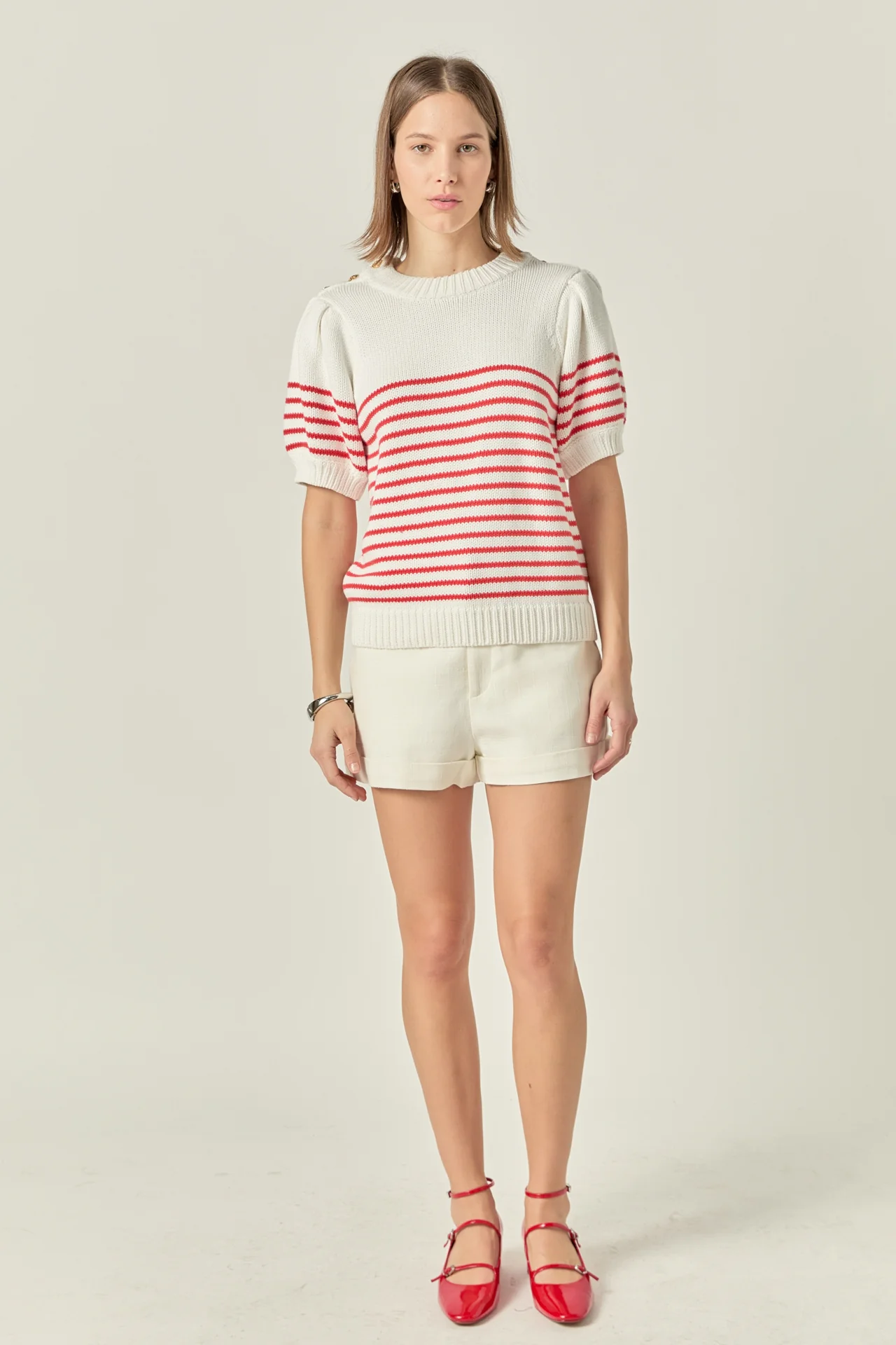 Striped Short Puff Sleeve Sweater with Buttons