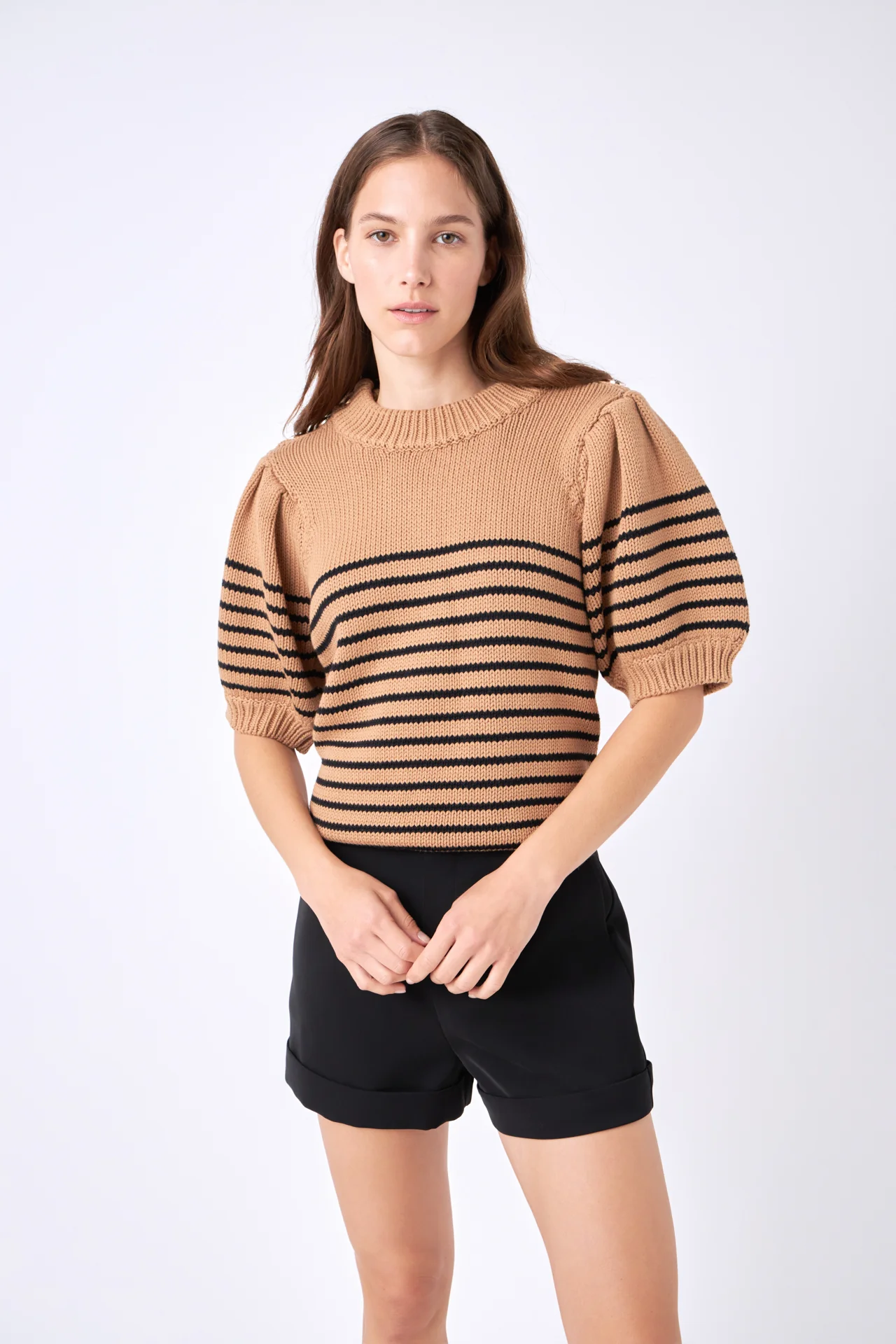 Striped Short Puff Sleeve Sweater with Buttons - Image 10