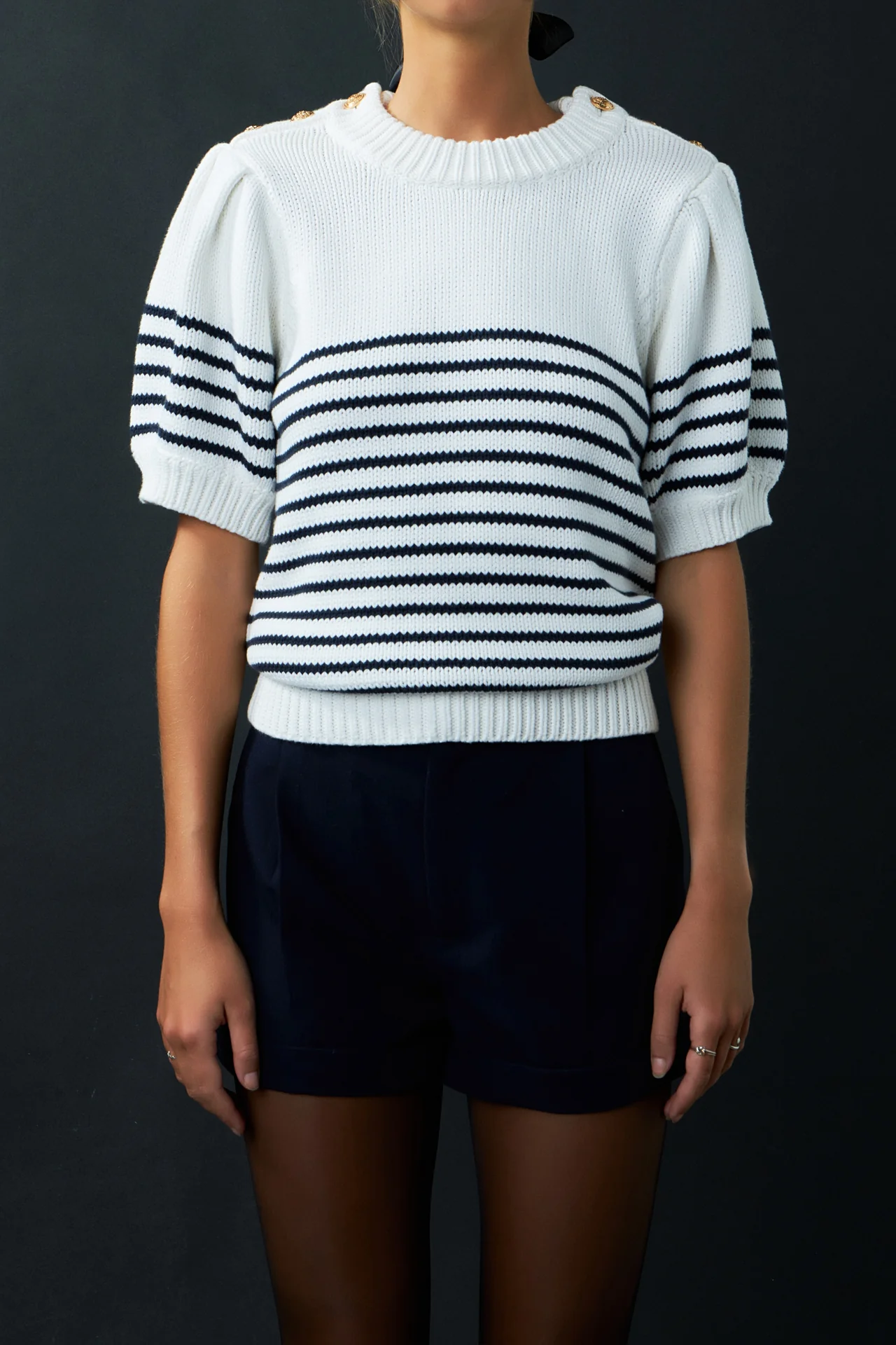 Striped Short Puff Sleeve Sweater with Buttons - Image 12