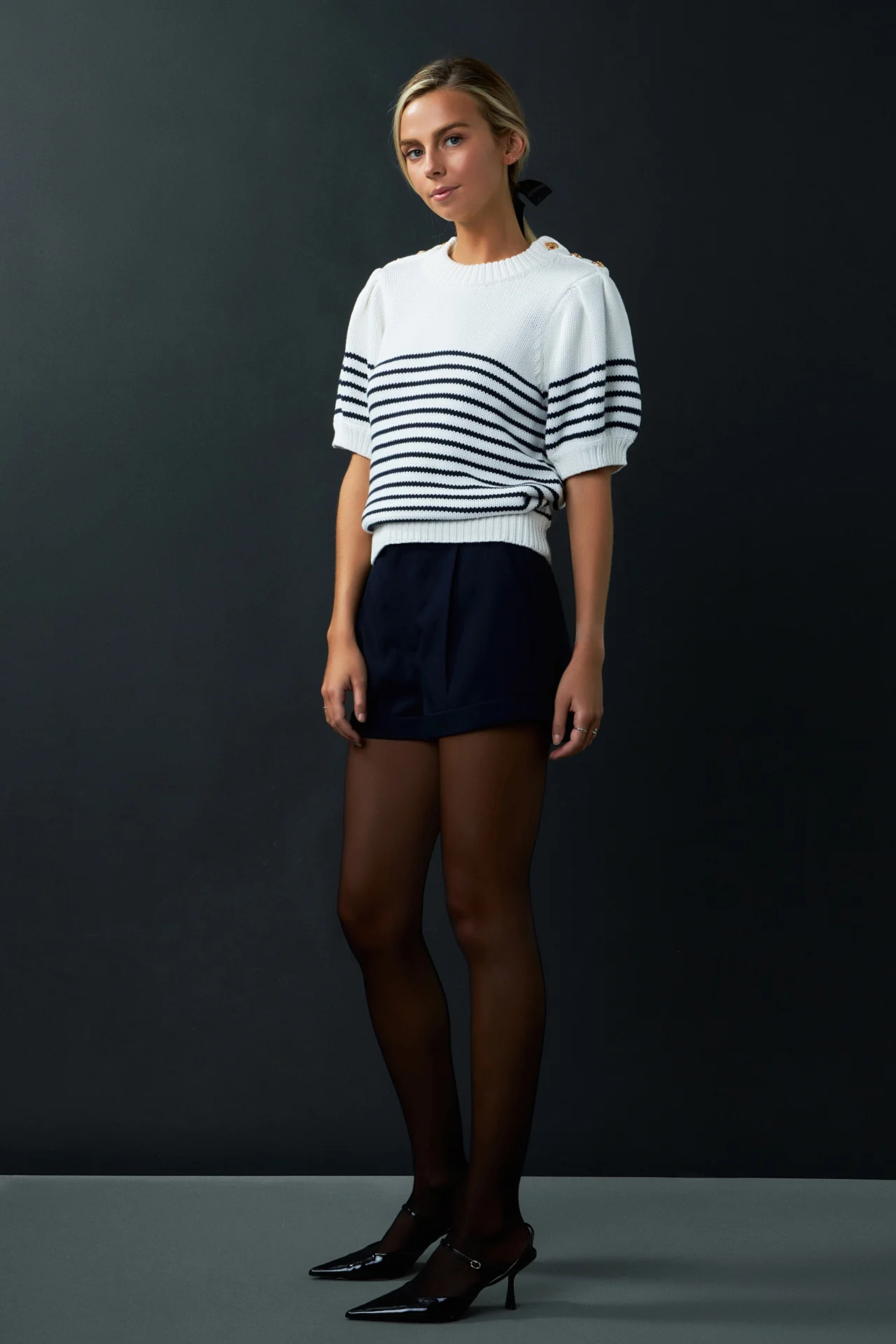 Striped Short Puff Sleeve Sweater with Buttons - Image 13