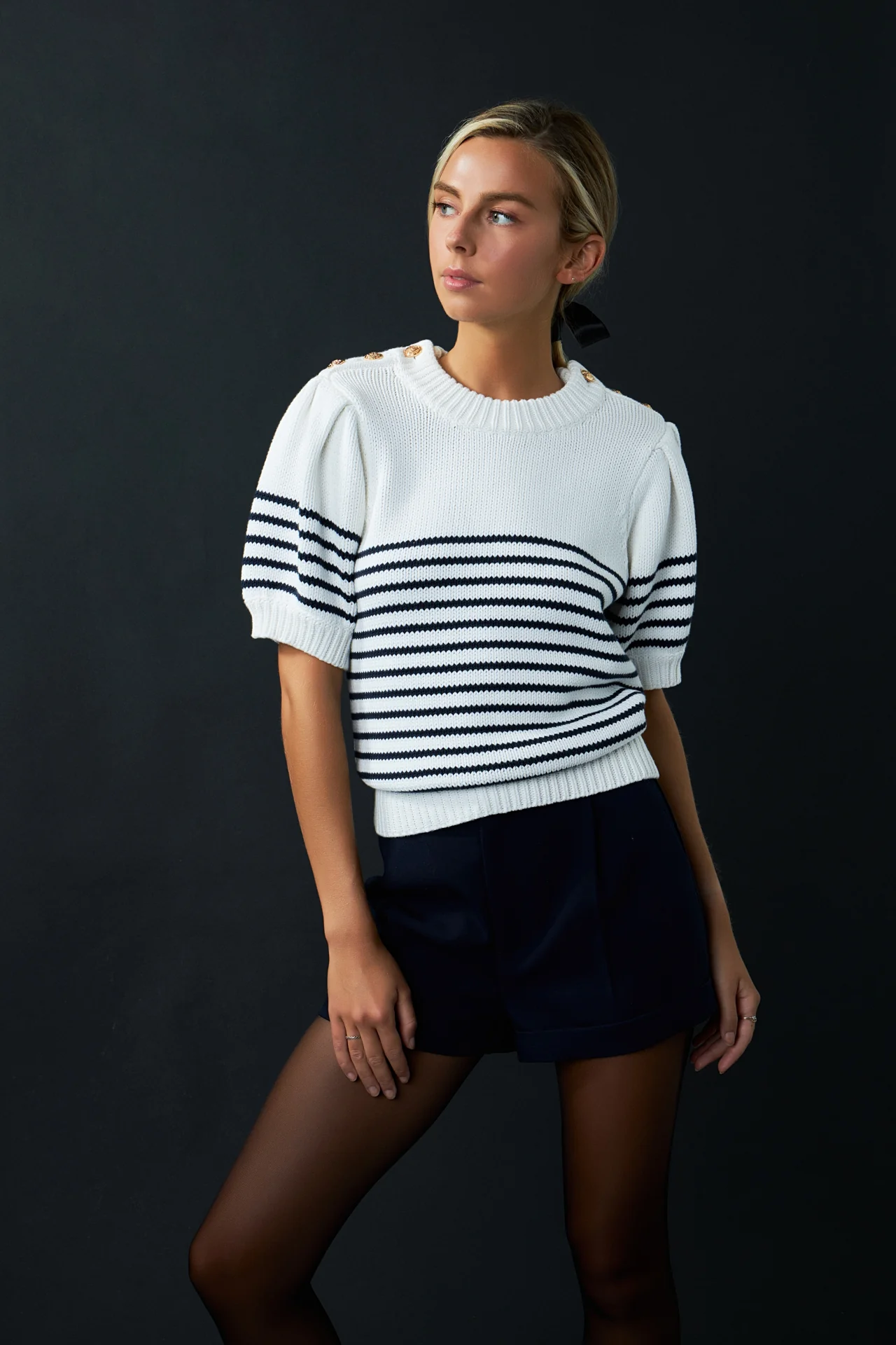 Striped Short Puff Sleeve Sweater with Buttons - Image 15