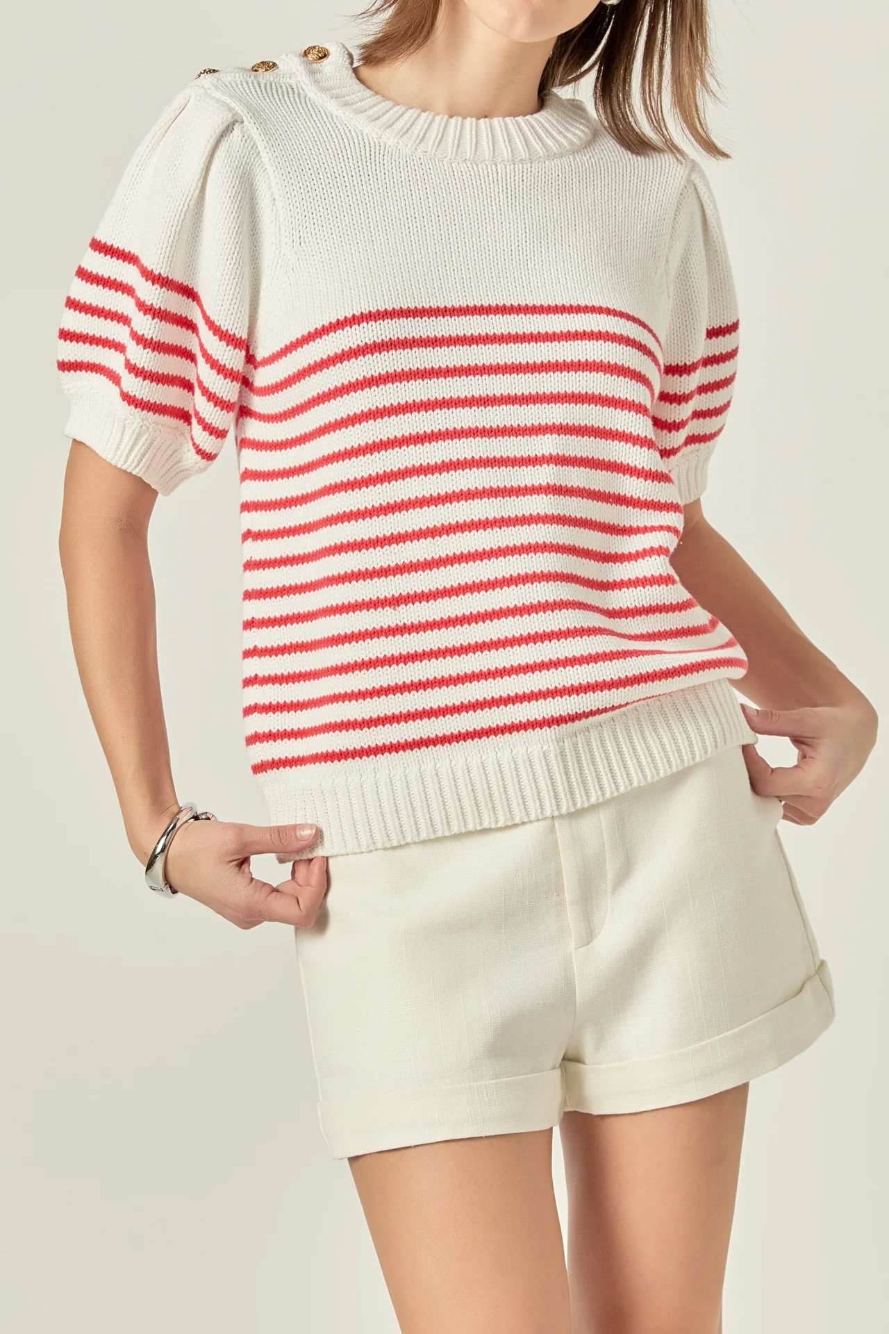 Striped Short Puff Sleeve Sweater with Buttons - Image 2