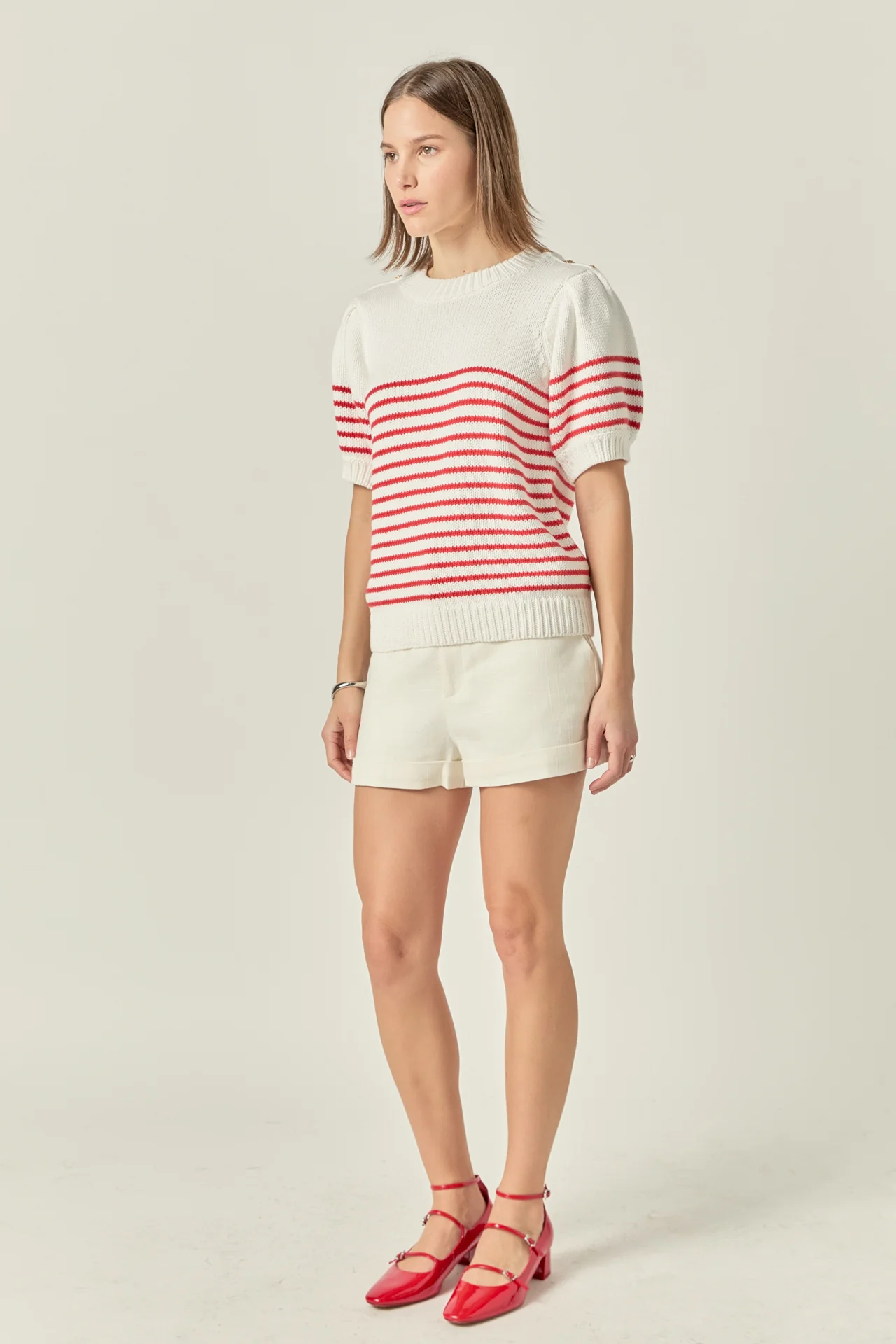 Striped Short Puff Sleeve Sweater with Buttons - Image 3