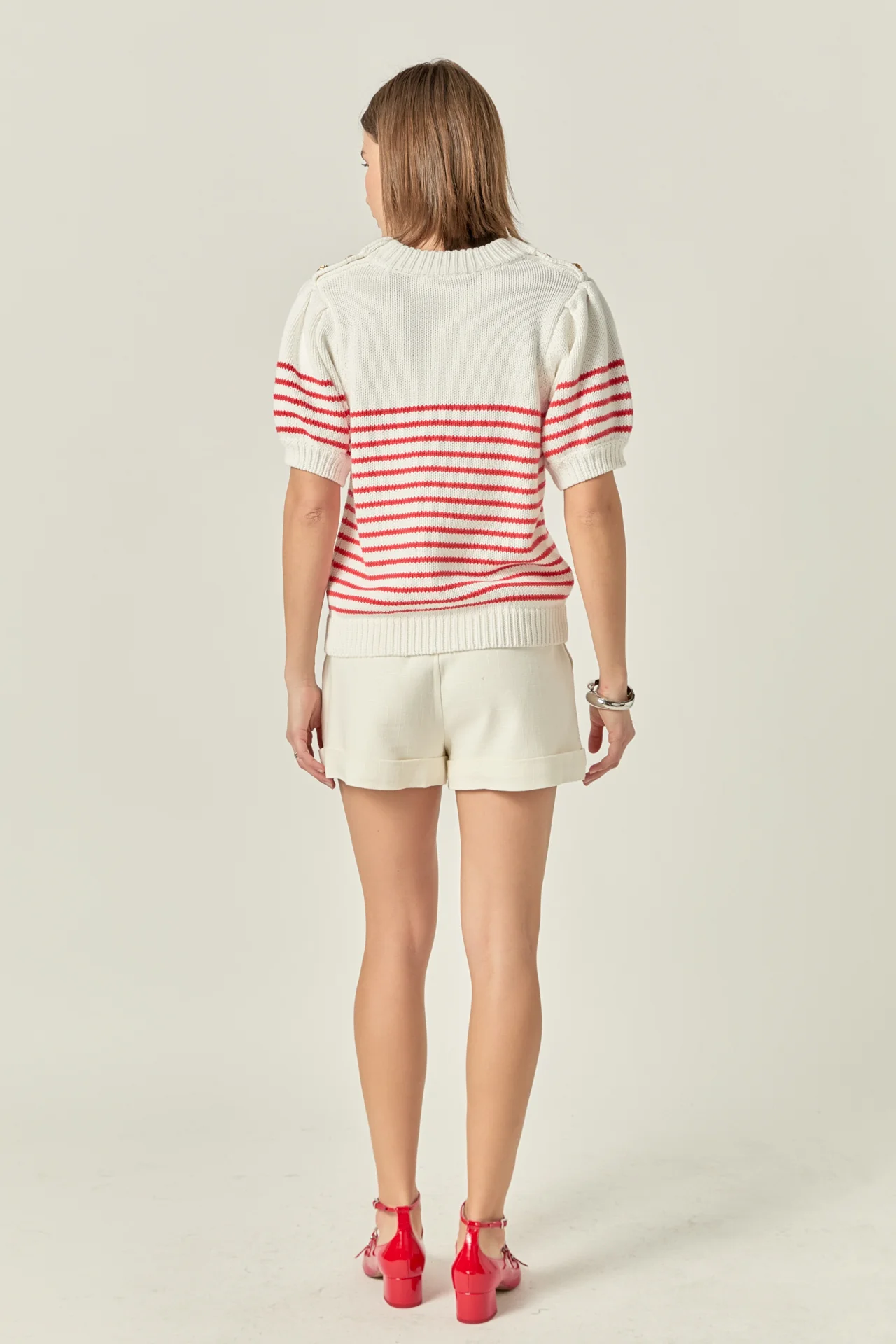 Striped Short Puff Sleeve Sweater with Buttons - Image 4