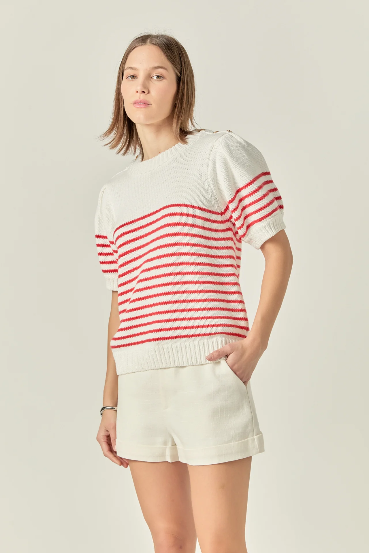Striped Short Puff Sleeve Sweater with Buttons - Image 5