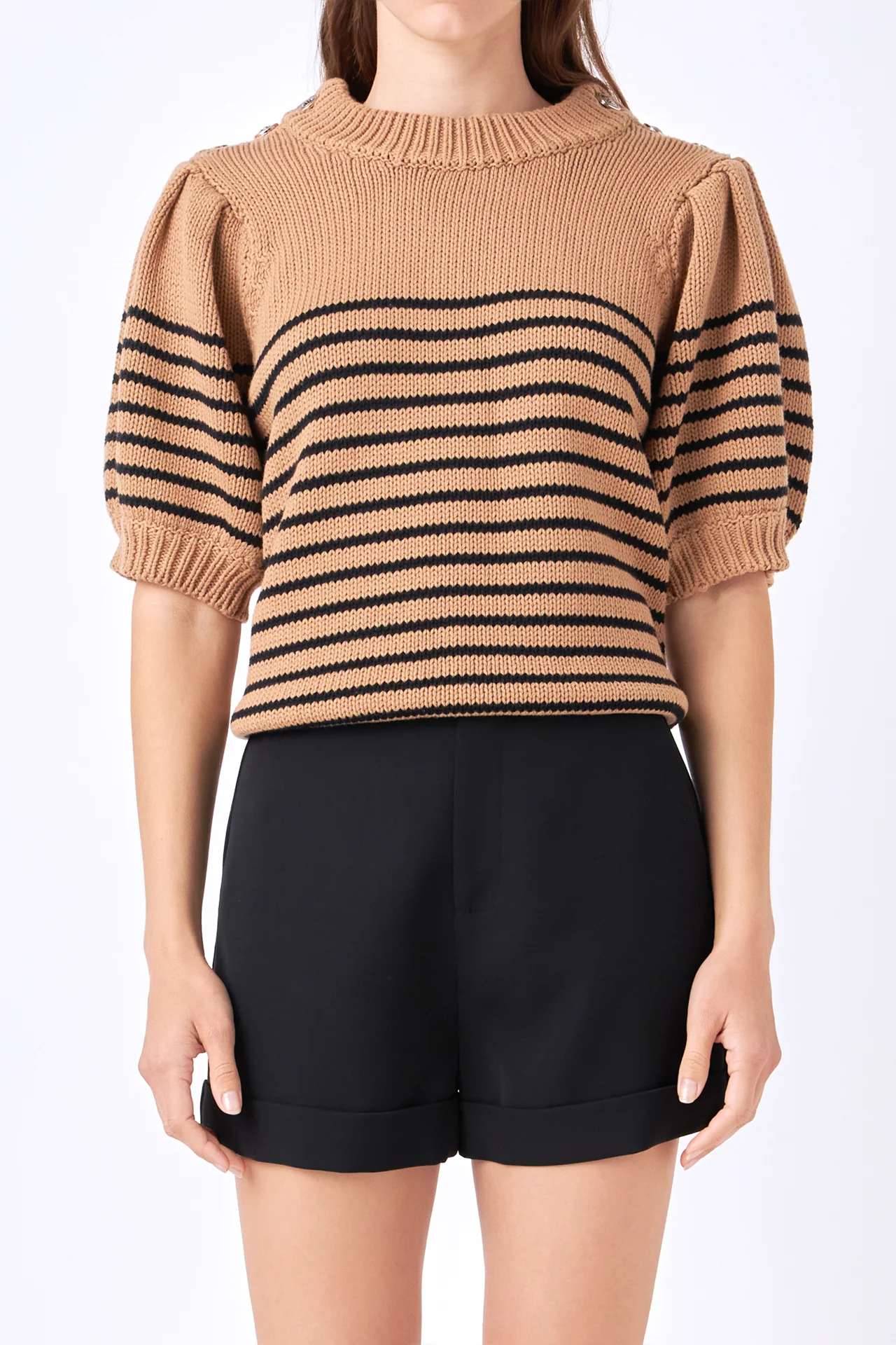 Striped Short Puff Sleeve Sweater with Buttons - Image 7