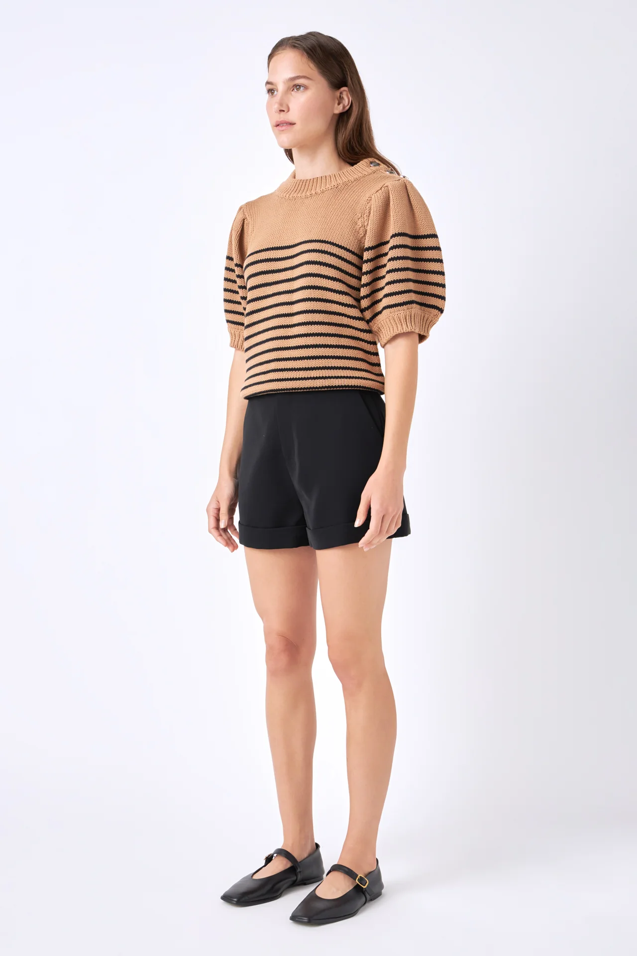 Striped Short Puff Sleeve Sweater with Buttons - Image 8