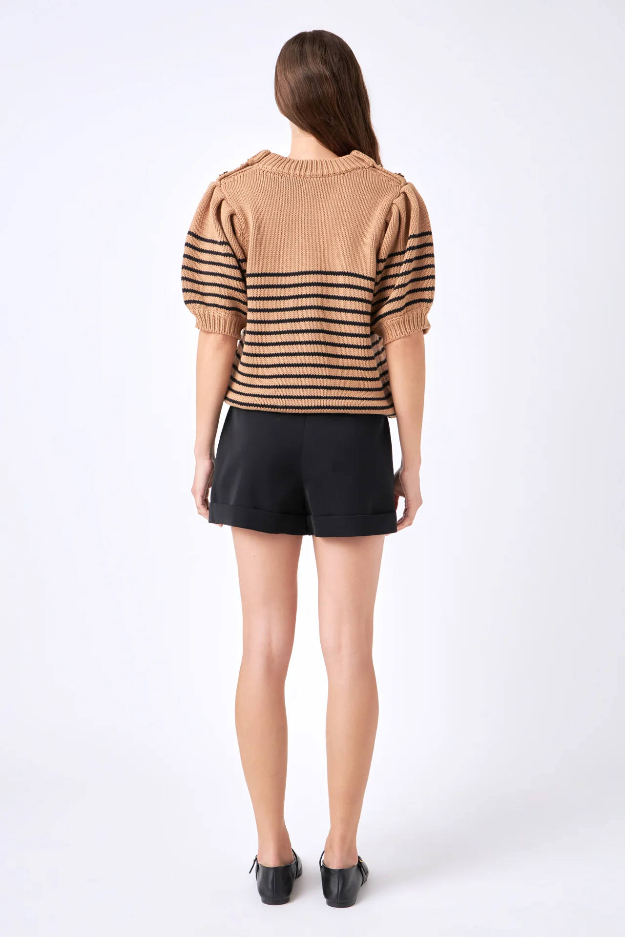 Striped Short Puff Sleeve Sweater with Buttons - Image 9