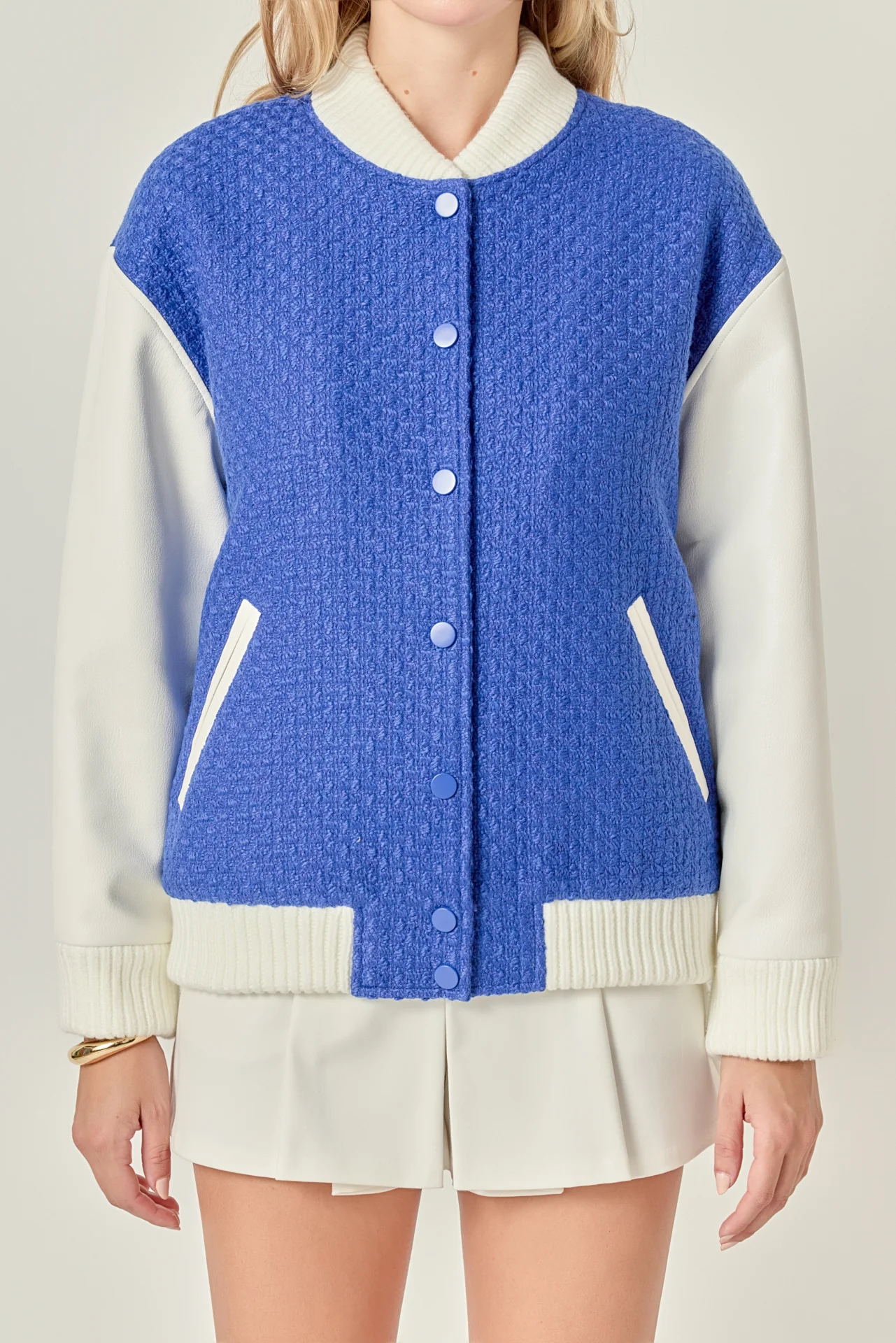 Tweed PU Bomber Jacket - Image 2